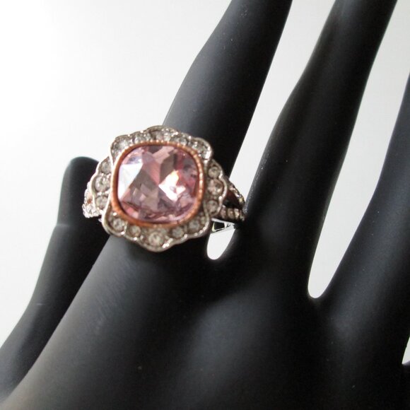 Statement Ring Sterling Silver 925 Pink Cushion Cut Pink Crystal Size 10 1/2 - Picture 4 of 13